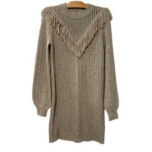 Flat White | Sweater Dress Cableknit Fringe Long Sleeve Tan Oatmeal- Size Small